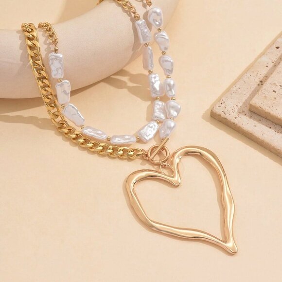 Gold Old Money Style Women's Exaggerated Metal Heart & Asymmetrical Faux Pearl N - Picture 4 of 5